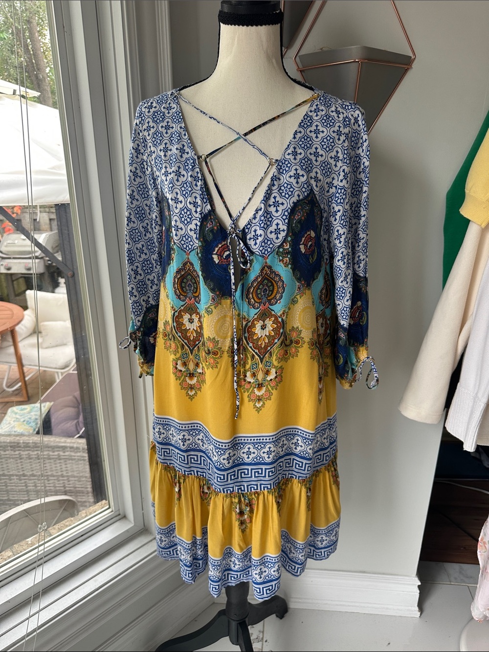 FARM Rio Azulejo Mosaic Tile Boho Print Mini Tunic Dress Yellow Blue Medium